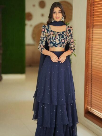 Navy Blue Designer Embroidered Georgette Lehenga Choli